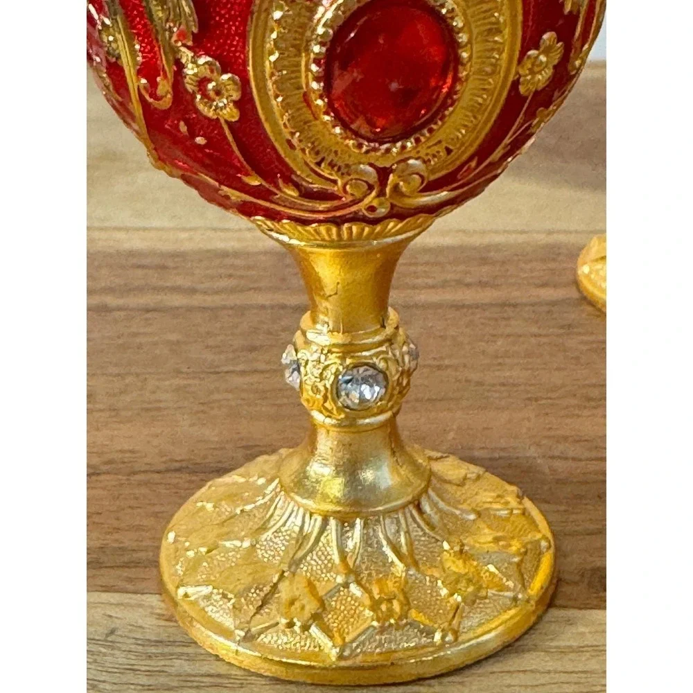 Vintage Ornate Mini Chalice Set 4 Small Gold Red Baroque Filigree Rhinestone 3in